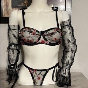 Floral Embroidered Black Lingerie Set